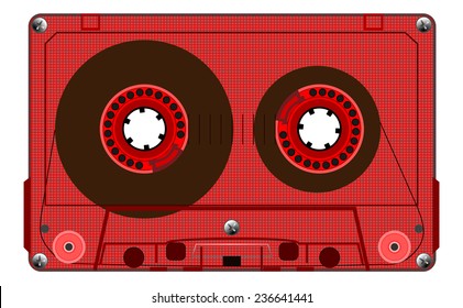 Vieja cinta de audio compacta. Cinta de cinta roja, tecnología antigua, diseño retro realista. ilustración de imágenes de arte vectorial, aislado en fondo blanco, eps10