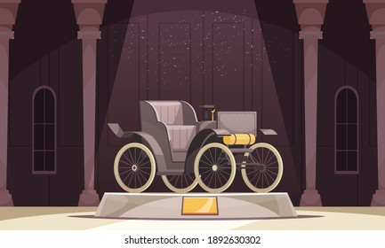 Vintage transport composition with museum scenery columns and open car standing on podium with golden signboard vector illustration