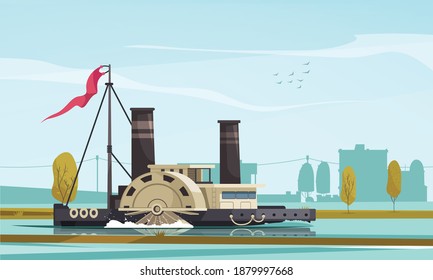 Vintage transport composition with outdoor scenery cityscape with paddle wheel type steamboat floating down the river vector illustration