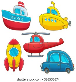 Vintage transport icon set. Cartoon transport collection: cargo, submarine, helicopter, rocket, car. Nautical, underwater, air, space, surface. Vector eps 10 illustration isolated on white background.