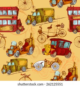 Vintage transport steampunk cars bikes transport colored seamless pattern vector illustration