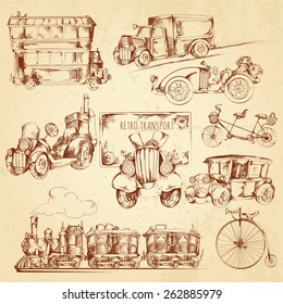 Vintage transport steampunk vehicles sketch decorative icons set isolated vector illustration