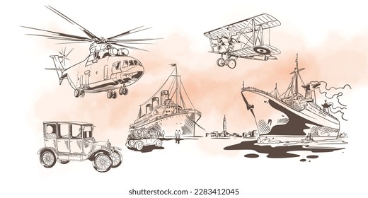 vintage transportation of ink drawing on paper for poster art print. old transportation for print. old machine