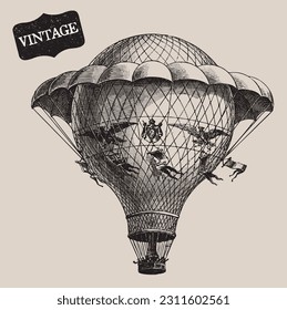 Vintage Transportation. Passenger Aircraft. Balloon, Dirigible or Zeppelin, Airplane. Retro Line Drawing. Engraving Old Transportation. Travel Journey Concept. Invention of Flying Aircraft Machines. 