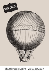 Vintage Transportation. Passenger Aircraft. Balloon, Dirigible or Zeppelin, Airplane. Retro Line Drawing. Engraving Old Transportation. Travel Journey Concept. Invention of Flying Aircraft Machines. 