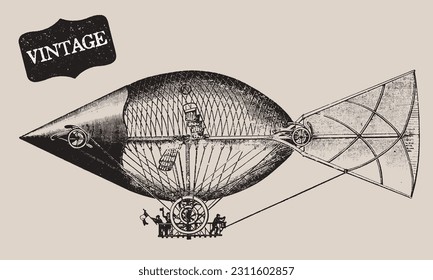 Vintage Transportation. Passenger Aircraft. Balloon, Dirigible or Zeppelin, Airplane. Retro Line Drawing. Engraving Old Transportation. Travel Journey Concept. Invention of Flying Aircraft Machines. 