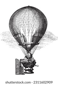 Vintage Transportation. Passenger Aircraft. Balloon, Dirigible or Zeppelin, Airplane. Retro Line Drawing. Engraving Old Transportation. Travel Journey Concept. Invention of Flying Aircraft Machines. 