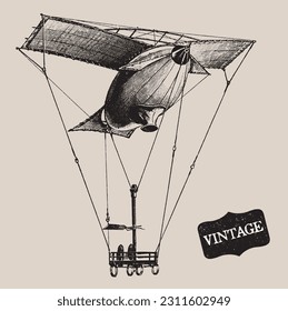 Vintage Transportation. Passenger Aircraft. Balloon, Dirigible or Zeppelin, Airplane. Retro Line Drawing. Engraving Old Transportation. Travel Journey Concept. Invention of Flying Aircraft Machines. 