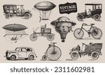 Vintage Transportation. Passenger Aircraft. Retro Car and Bicycle. Balloon, Dirigible or Zeppelin, Airplane. Line Drawing. Engraving Old Airship. Travel Journey Concept. 