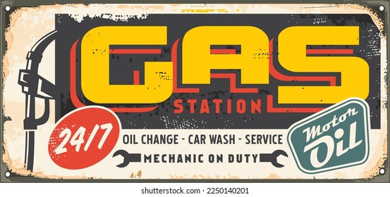 Señal de transporte de época para la estación de gasolina. Señal retro de la carretera de servicio de combustible y coches. Ilustración vectorial en placa metálica antigua.