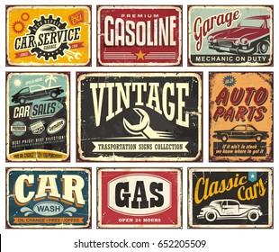 Vintage transportation signs collection for car service, auto parts, car wash, gas station, garage and classic vehicles. Vector posters illustration.