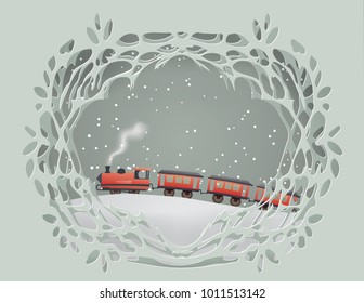 Vintage Transportation Train runs in the middle of a meadow in a wooden cave.in winter season,paper art Vector and illustration.