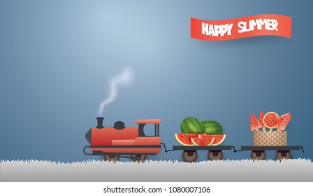 Vintage Transportation Train runs on the gray grass and drag  Ice Cream in the basket and Watermelon in summer season,vector and illustration.
