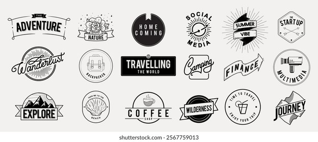 Vintage travel and adventure badges. Themes: camping, hiking, exploring. Includes startup, finance, homecoming, sea, wilderness. Perfect for travel enthusiasts. Logo element vector set.