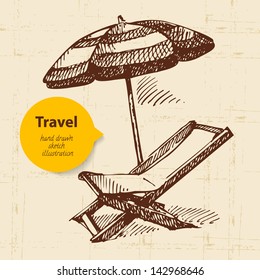 Vintage travel background with beach armchair and umbrella. Hand drawn illustration