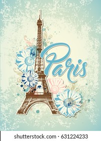 Vintage travel background with Eiffel Tower and flowers. Vector illustration.