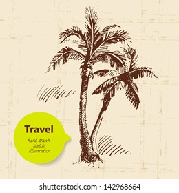 Vintage travel background with palms. Hand drawn illustration