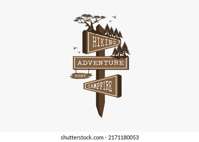 Vintage travel badge design with signs of hiking, adventure, bonfire in a wooden pan.
Hiking trip badge with creative vintage concept in pastel colors.