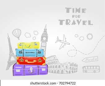 Vintage travel bags with different travel elements. Vector illustration. Travel concept.