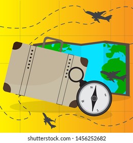 Vintage travel bat, map and compass. Travel and tourism - Vector