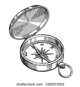 Vintage travel compass navigation with wind rose sketch engraving vector illustration. Hiking compass isolated