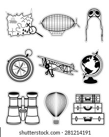 Vintage travel components in stickers style including  air plane, air ship, goggles, suitcases, compass, air balloon, treasure map with a loop, globe, hat  
