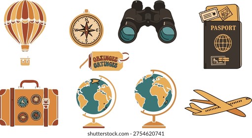 Vintage travel elements: hot air balloon, compass, passport, globes.