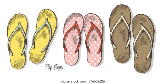 Vintage travel and holiday background with flip-flops. Hand drawn sketch illustration.