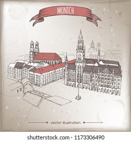 Vintage travel illustration with Munich, Germany, old town sketch. Hand drawn sketch. Great for coffee, restaurant, cafe ads, travel brochures, labels.
