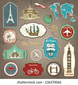 Vintage travel labels with hand drawn elements