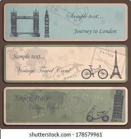 Vintage travel labels with hand drawn elements 