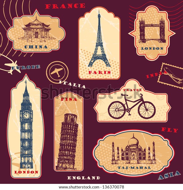 Vintage travel
labels with hand drawn
elements