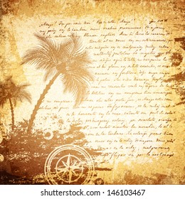 Vintage Travel Letter (18 Century) Grunge Background With Palms and Compass