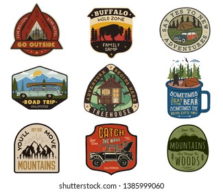 Vintage travel logos patches set. Hand drawn camping labels designs. Mountain expedition, road trip, surfing. Outdoor hike emblems. Hiking logotypes collection. Stock vector isolated on white