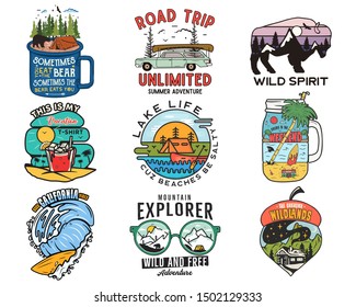 Vintage travel logos, vacation patches set. Hand drawn camping labels designs. Mountain expedition, road trip, surfing. Outdoor hiking emblems. Logotypes collection. Stock vector isolated on white.