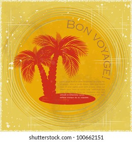 Vintage travel postcard - two palm trees on the sunny background - grunge style card
