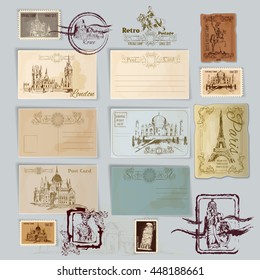 Vintage travel postcards and post stamps template set vector illustration