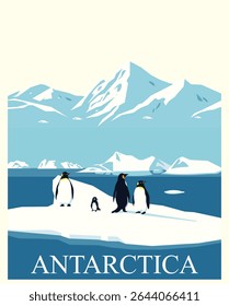 Cartaz de viagem antigo para a Antártica com pinguins em uma geleira e neve na montanha. Wall art de animais, aves e vida selvagem em um ambiente frio para aquecimento global ou conscientização sobre mudanças climáticas