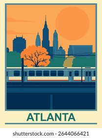 Vintage travel poster for Atlanta, a city in the state of Georgia with a train traveling through it. Retro wall art of urban life in a downtown district of America 