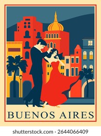 Cartaz de viagem antigo de um casal dançando na rua de Buenos Aires, a capital da Argentina com edifícios ao fundo. Retro arte de parede de um homem e mulher no amor em uma cidade romântica
