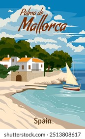 Vintage travel poster Mallorca Spain, tropical resort