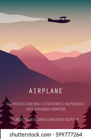 Vintage Travel Poster. Retro Airplane Poster. Vector Travel Poster.  Pop - Art Minimalistic Style, For Travel Agencies, Aviation Companies. Biplane Flying Over The Mountains.