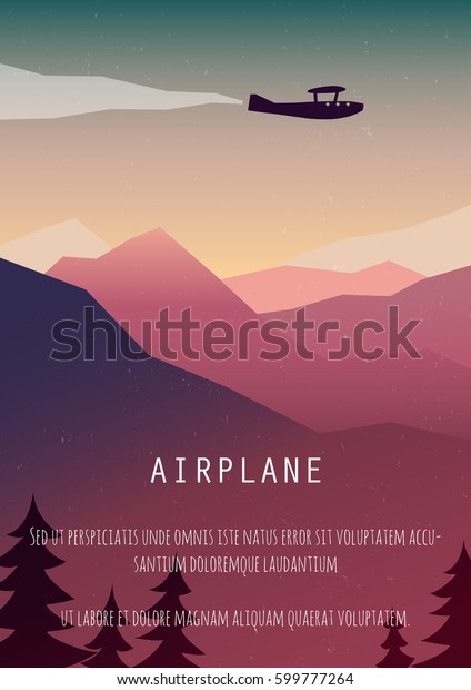 ビンテージ旅行のポスター レトロな飛行機のポスター ベクター旅行ポスター Pop 旅行会社 航空会社向けのミニマリズム的なアートスタイル 山の上を飛ぶ飛行機 のベクター画像素材 ロイヤリティフリー