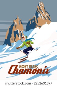 Vintage Travel poster Ski Chamonix resort. France winter landscape travel card