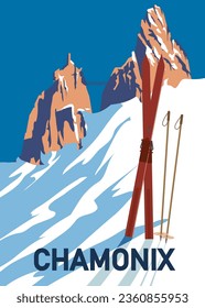 Vintage Travel poster Ski Chamonix resort. France winter landscape travel card