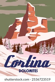 Cartel de Antiguas Travel Ski Cortina Dolomites resort. Italia tarjeta de viaje de paisaje de invierno