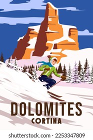 Vintage Travel poster Ski Dolomites resort. Italy winter landscape travel card