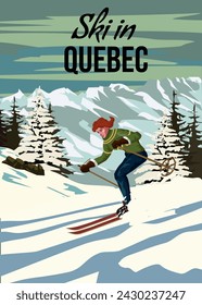 Vintage Travel poster Ski Quebec resort. Canada winter landscape travel card