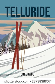 Vintage Travel poster Ski Whitefish resort. America winter landscape travel card