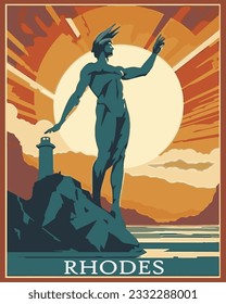 Vintage travel poster style illustration of the Colossus of Rhodes, wonder of the ancient world.